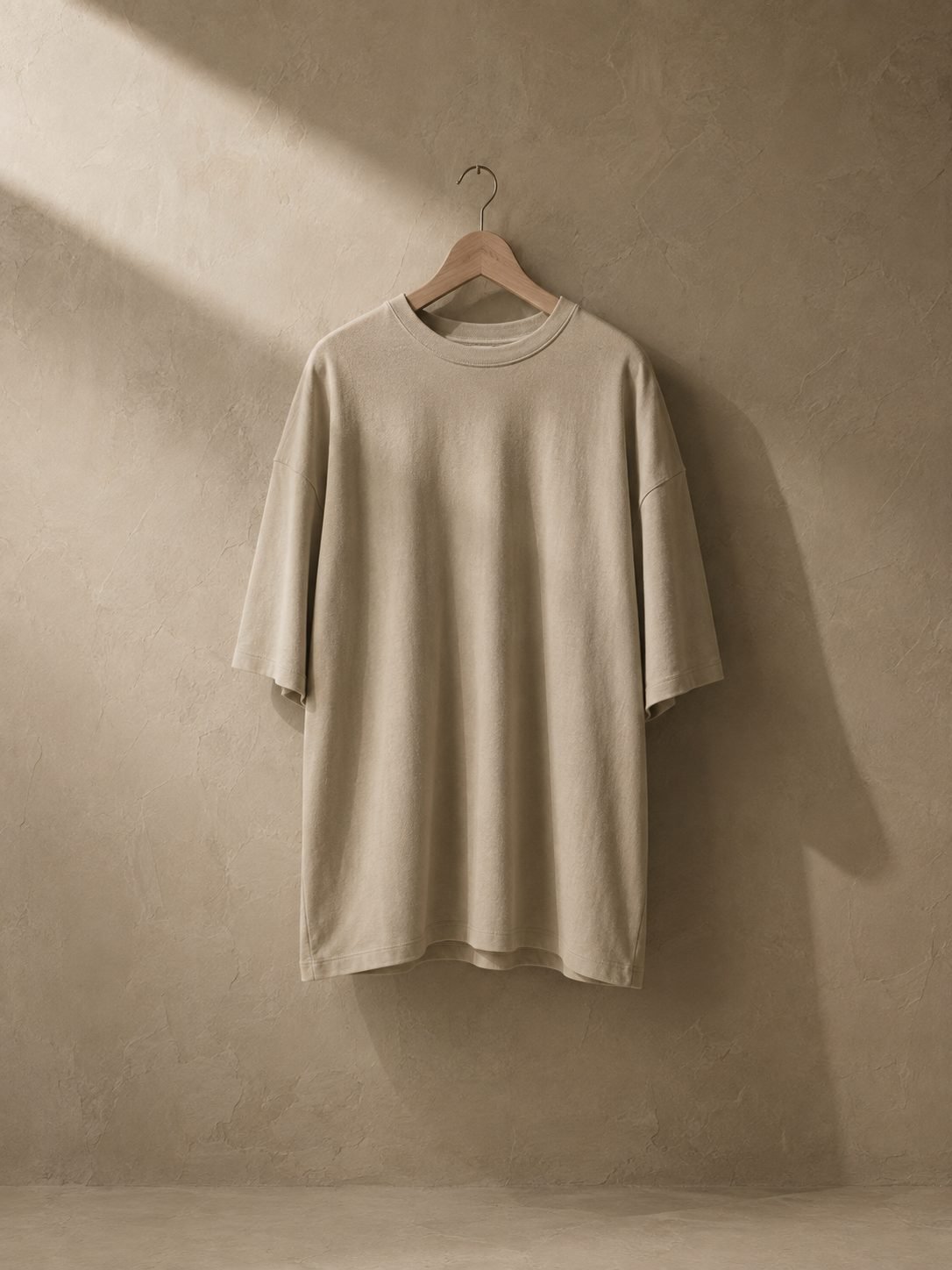 Oversized cream Ondrea t-shirt hanging on a wooden hanger against a plaster wall.