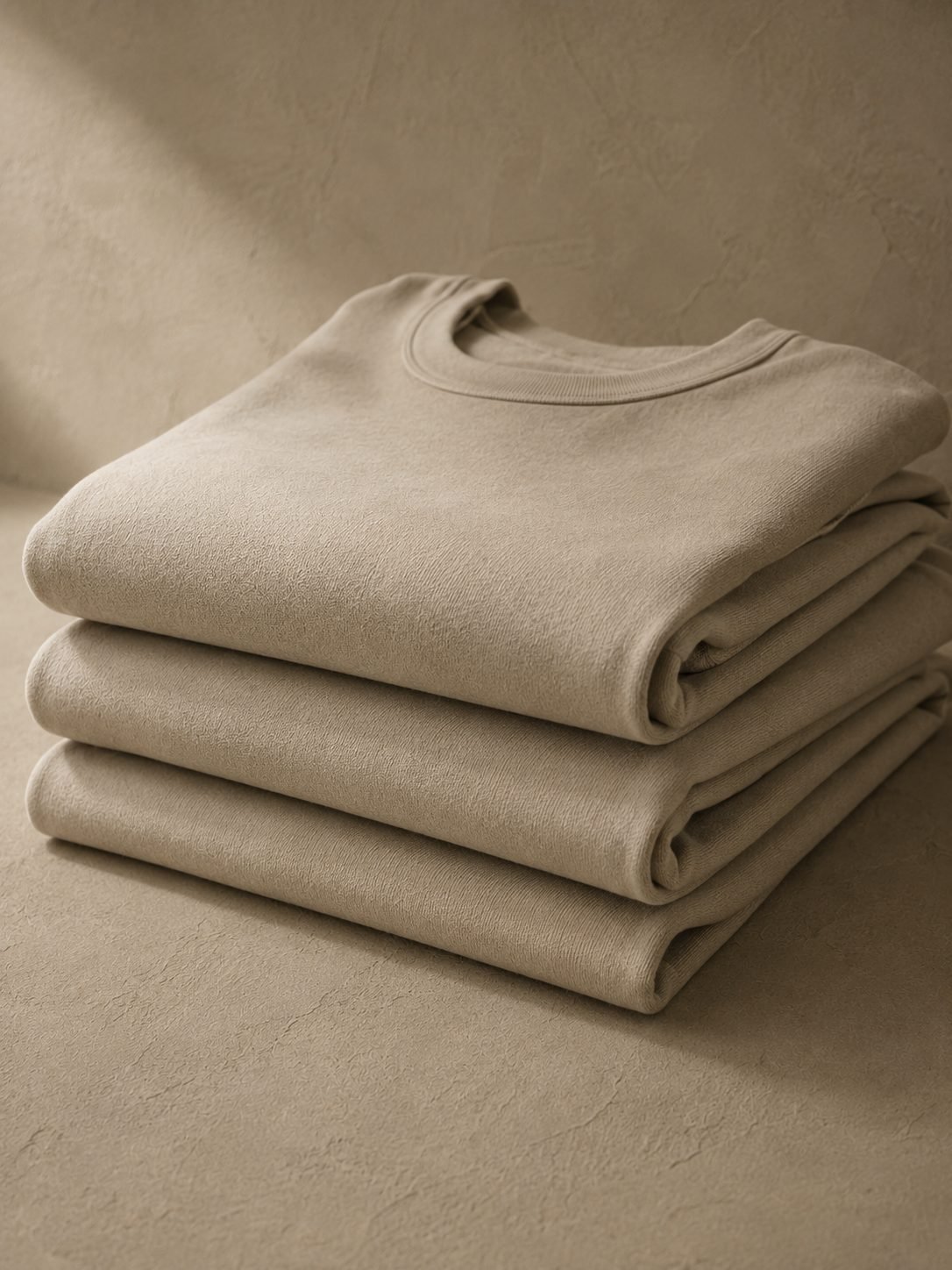 Three heavyweight cream Ondrea t-shirts folded and stacked.