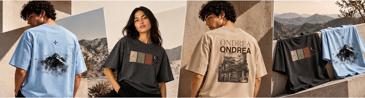 Four Ondrea oversized t-shirts — sky blue, washed charcoal, sand and black — photographed against desert walls and mountains.